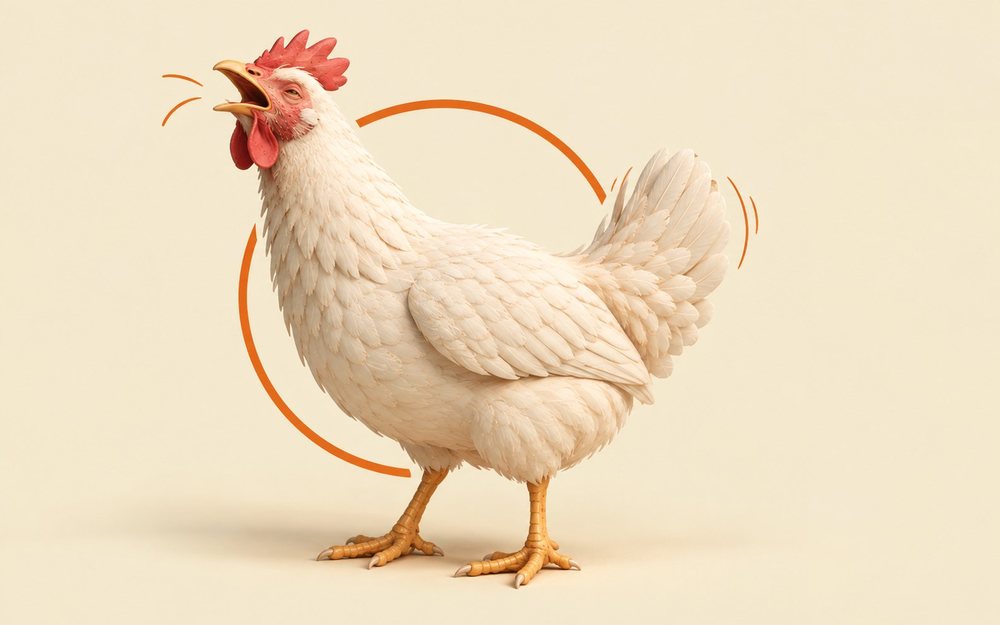 Illustrated hen breathing with her beak open, neck stretched and tail bobbing