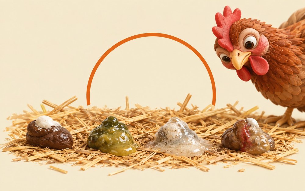 Illustrated droppings on straw, from normal to runny, foamy and blood-streaked