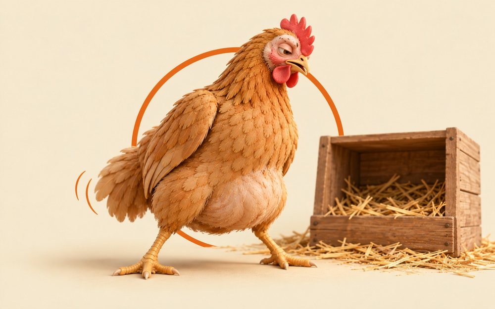 Illustrated hen in an upright, wide stance, straining beside a nest box