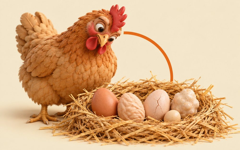 Illustrated hen looking at soft-shelled, cracked, lumpy and tiny eggs