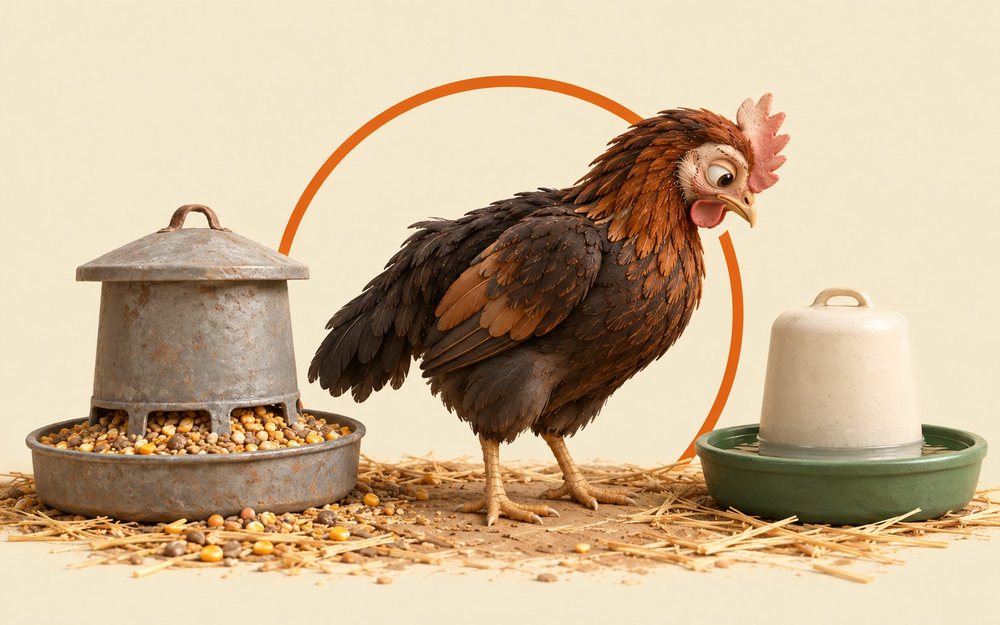 Illustrated hen turning away from her feeder and water