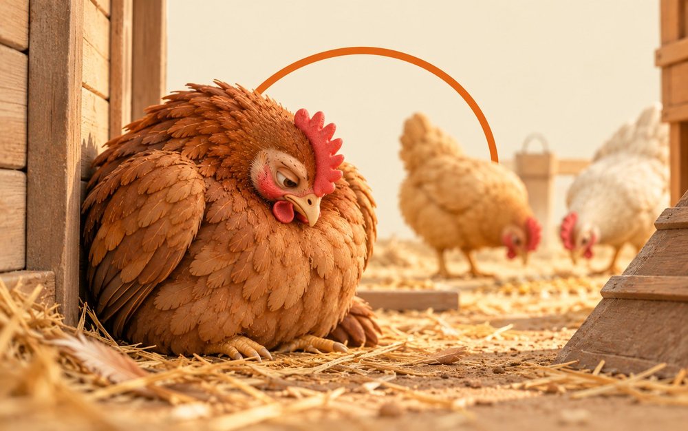Illustrated hen puffed up and hunched in the corner of the coop