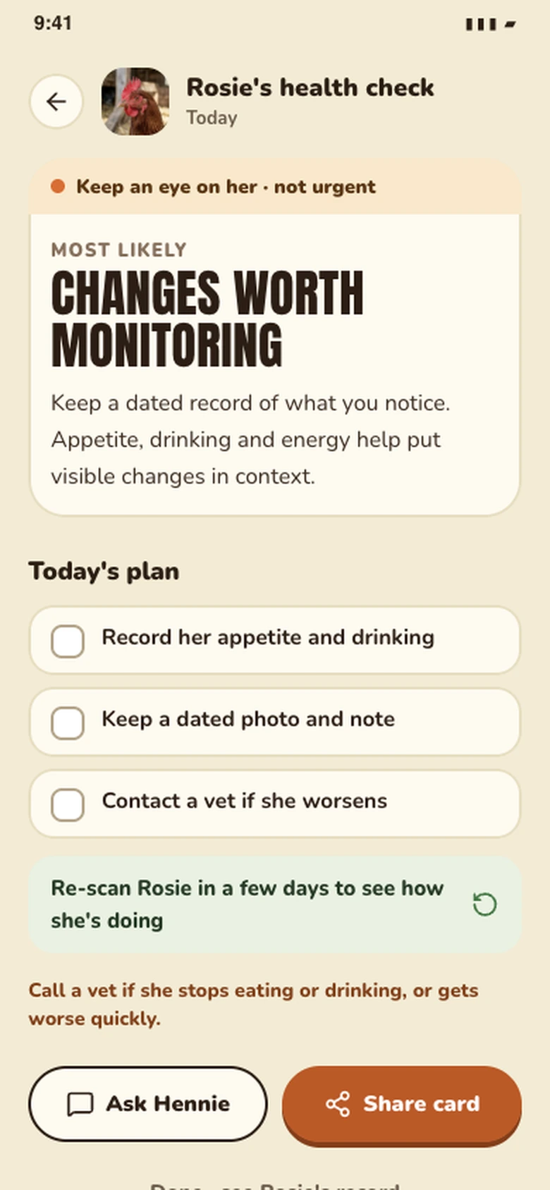 Current Flockline health check with Rosie’s care plan