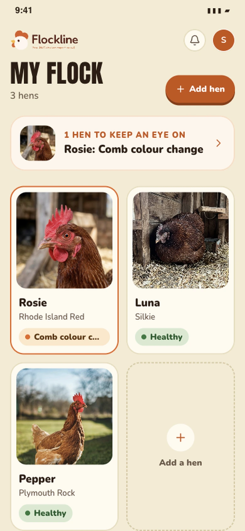 Flock list with a status for each hen