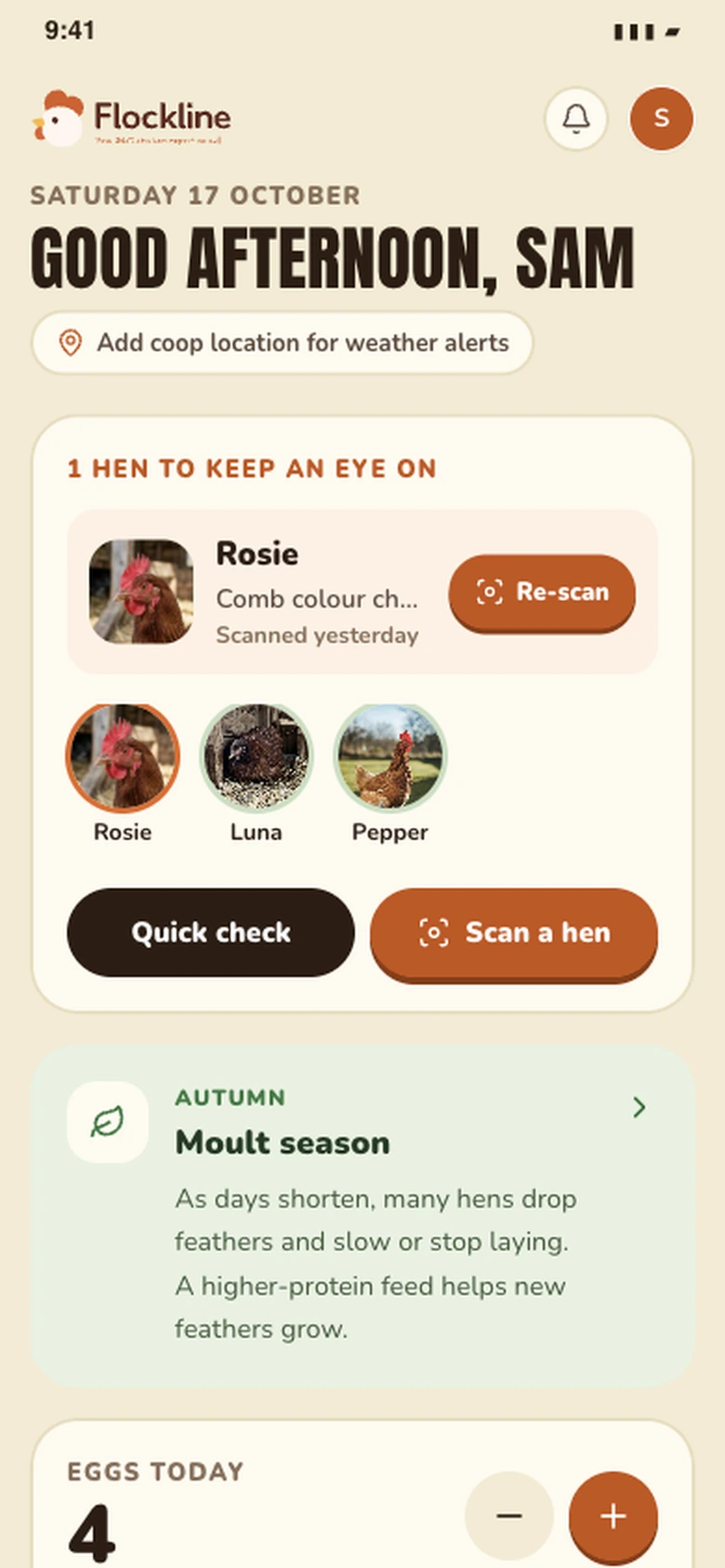 Current Flockline dashboard for Sam showing Rosie’s follow-up