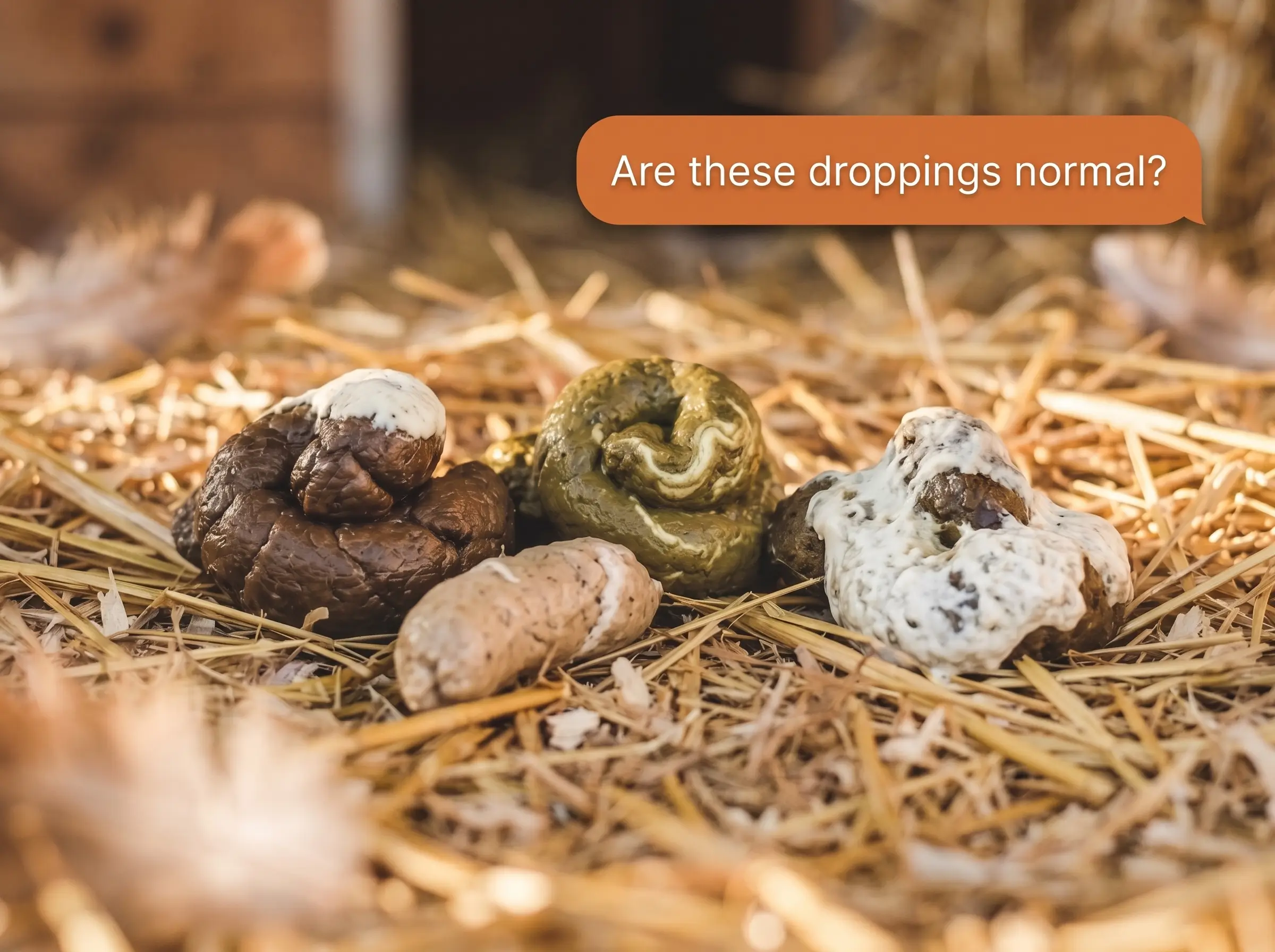 Several kinds of chicken droppings on straw beneath a question about whether they are normal