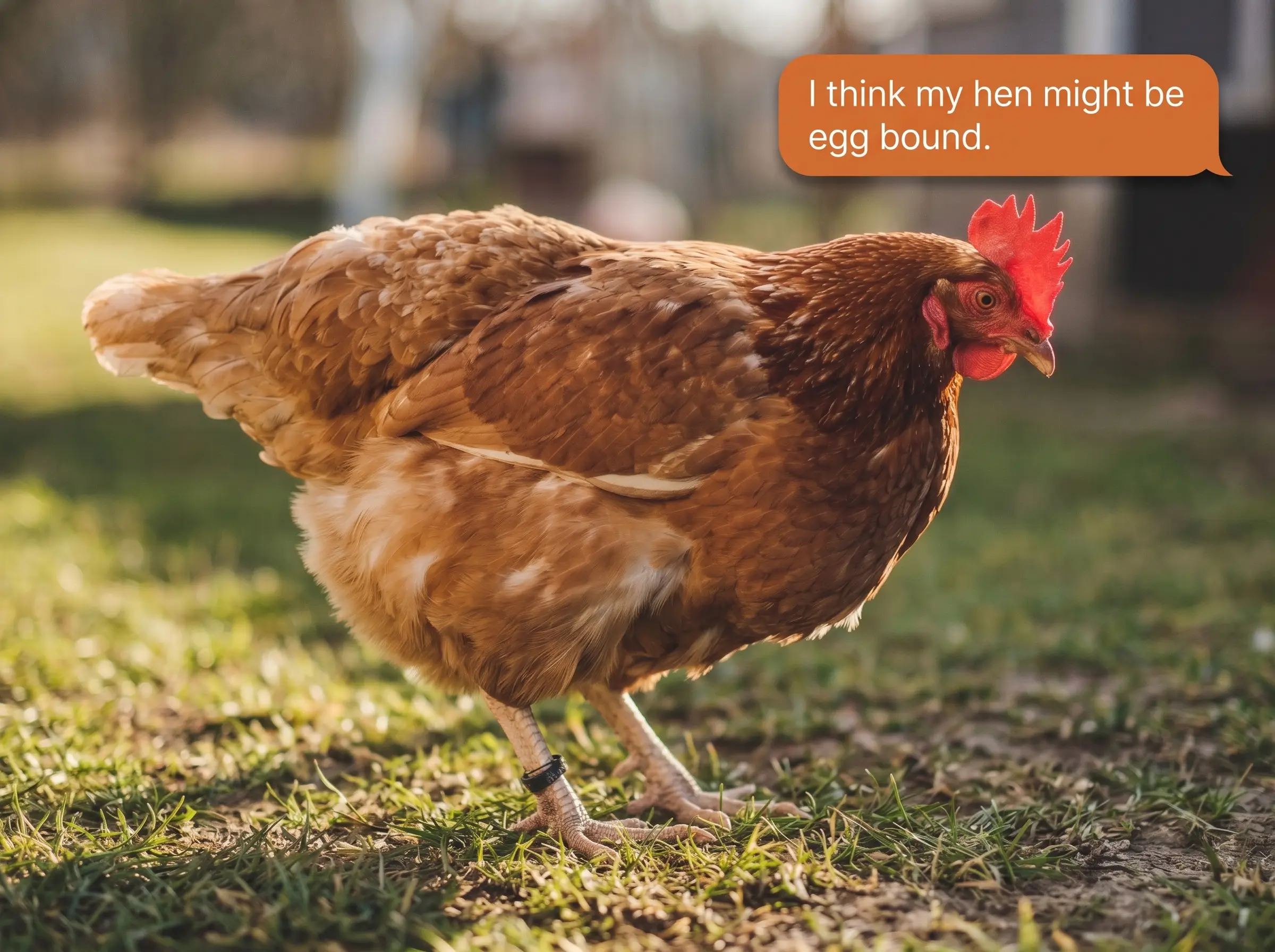 A brown hen standing low beneath a question about whether she may be egg-bound