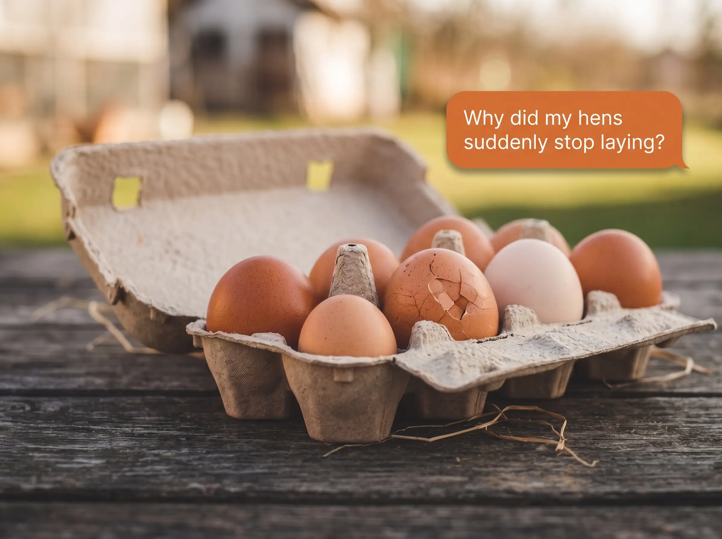A carton of varied eggs beneath a question about hens suddenly stopping laying