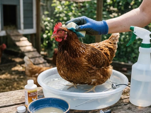 A keeper giving a hen supportive care in a shallow basin with electrolytes nearby