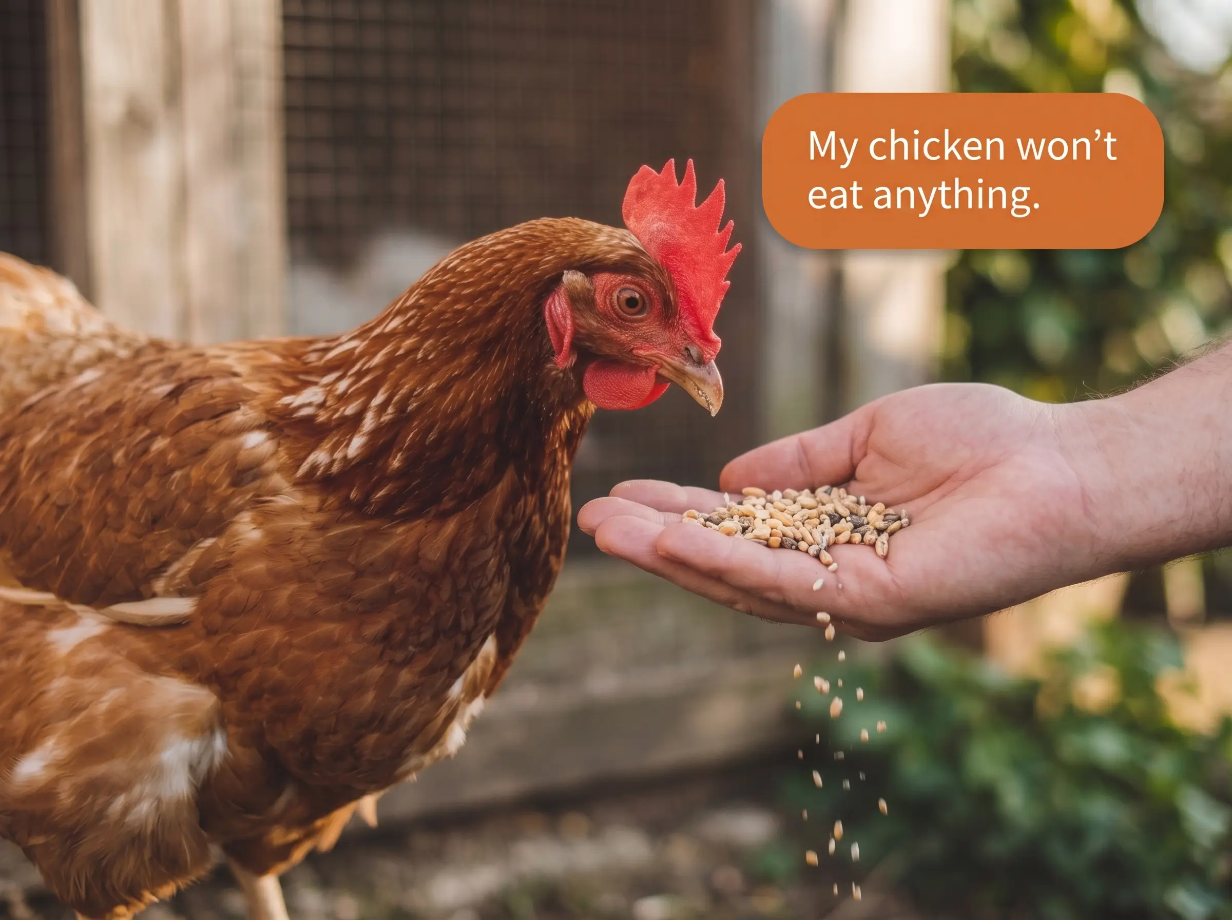 A keeper offering grain to a hen beneath a question about appetite loss