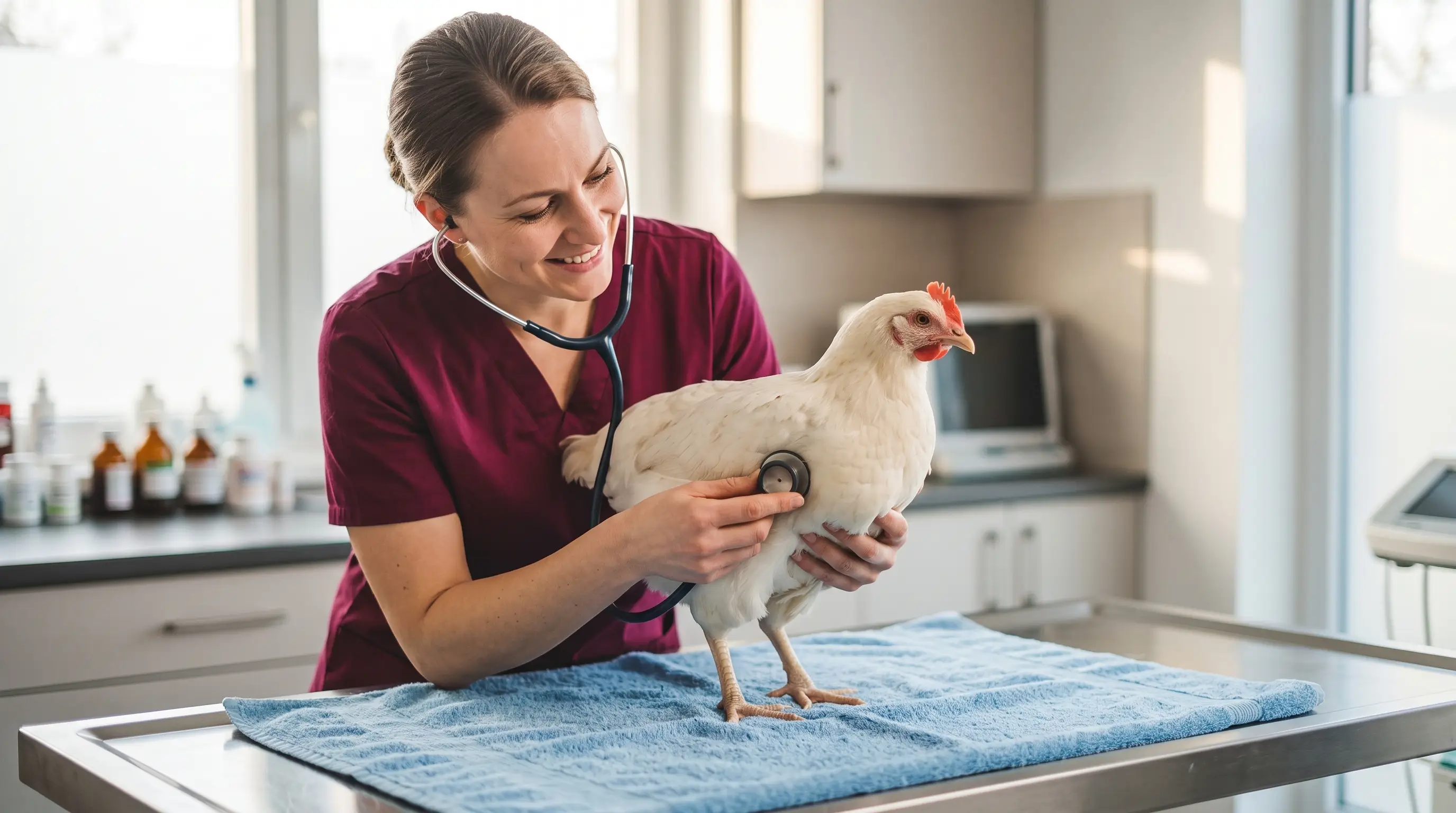 Veterinarian listening to a laying hen's chest in a clinic