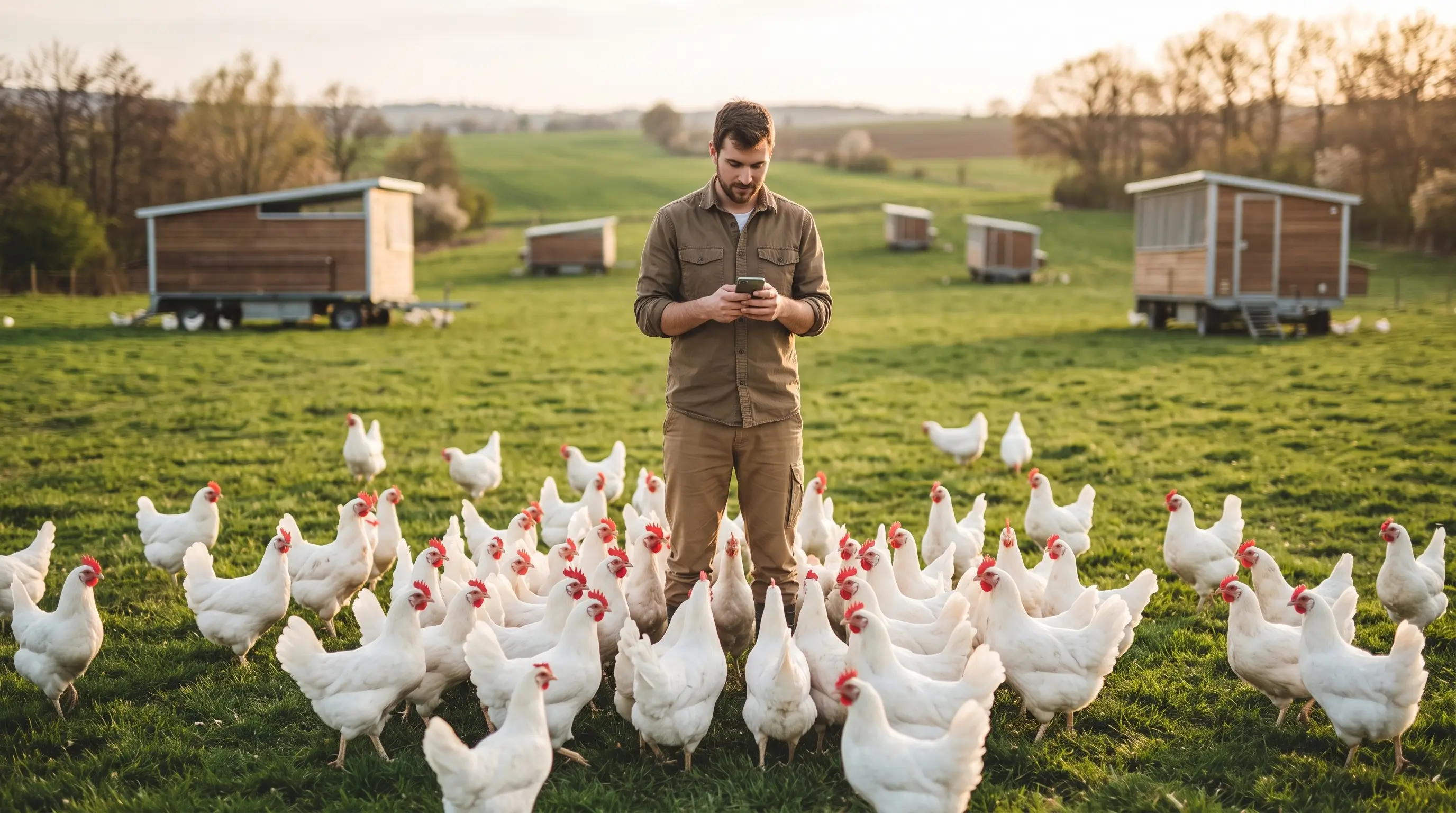 Farmer checking his phone while standing among a large free-range flock