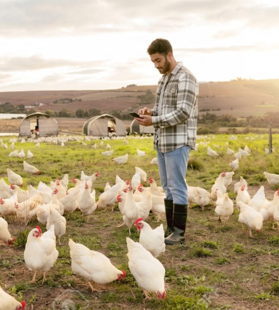 Farmer checking his phone while caring for a backyard flock
