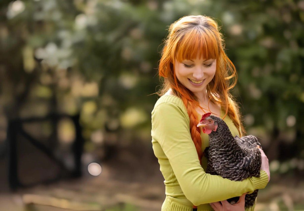 Backyard chicken keeper smiling while holding a barred hen