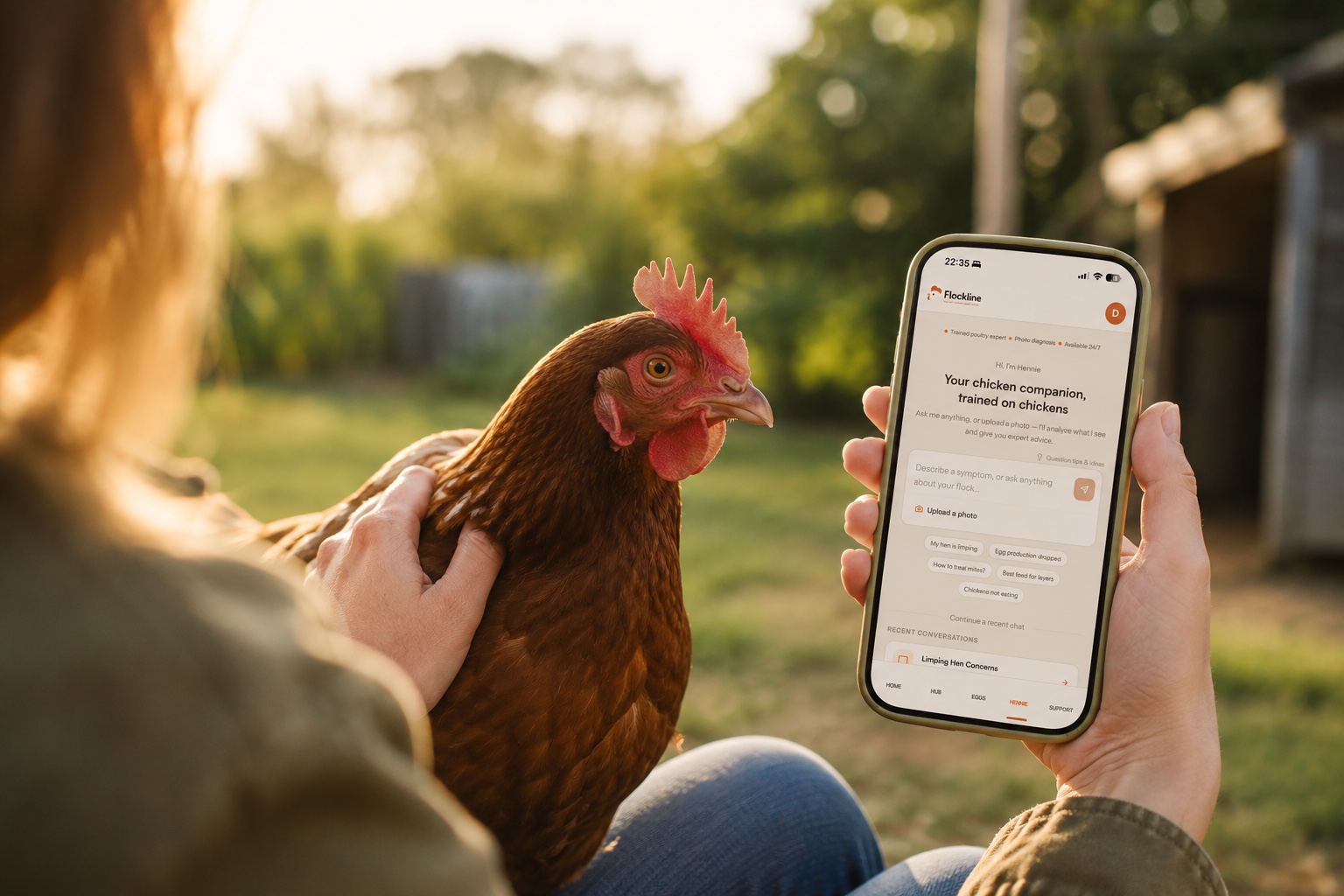 Backyard chicken keeper holding a healthy hen and a phone showing the Hennie poultry assistant