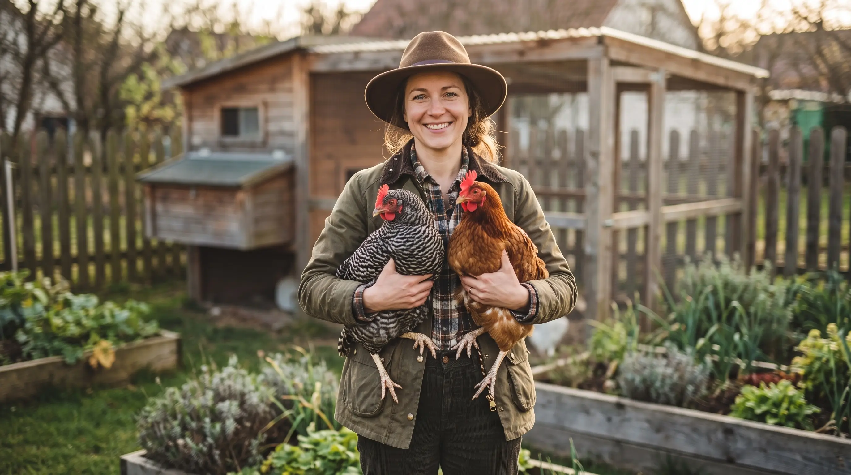 Backyard chicken keeper smiling while holding two hens