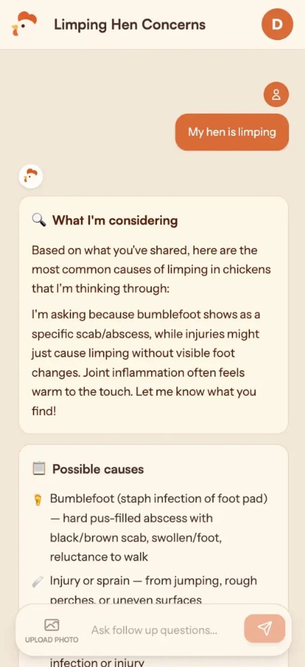 Flockline chat screen with Hennie answering a chicken health question