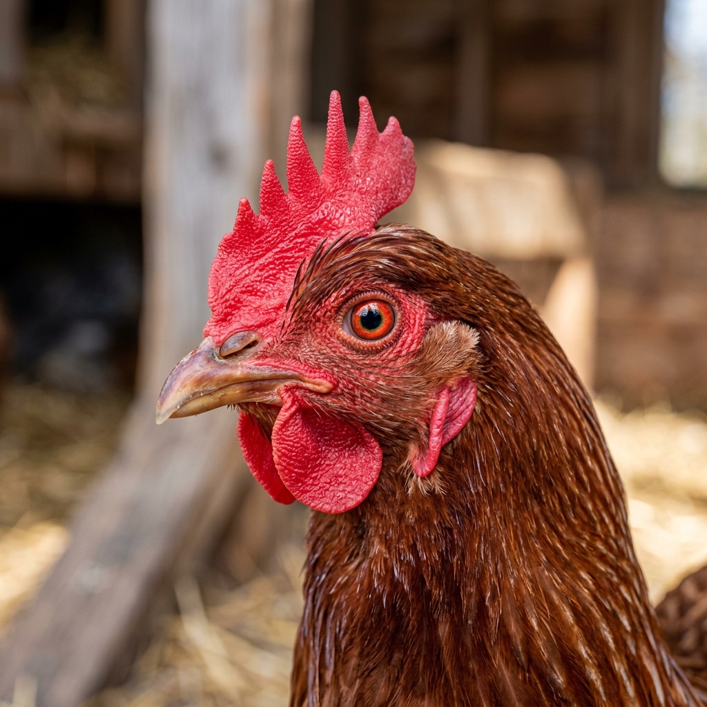 Alert chicken with bright red comb
