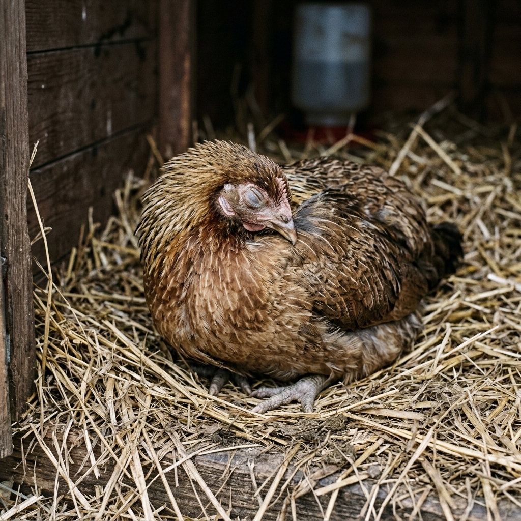 Sick hunched hen with closed eyes