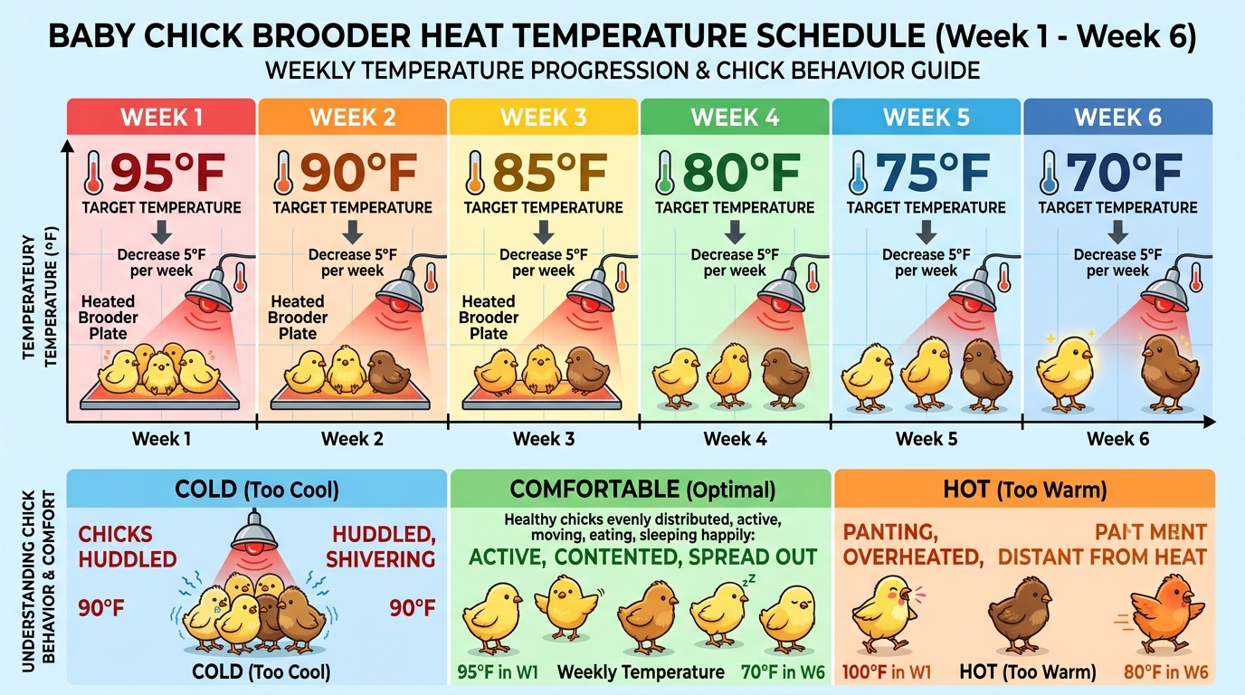 Baby chick brooder heat temperature schedule and behavior guide