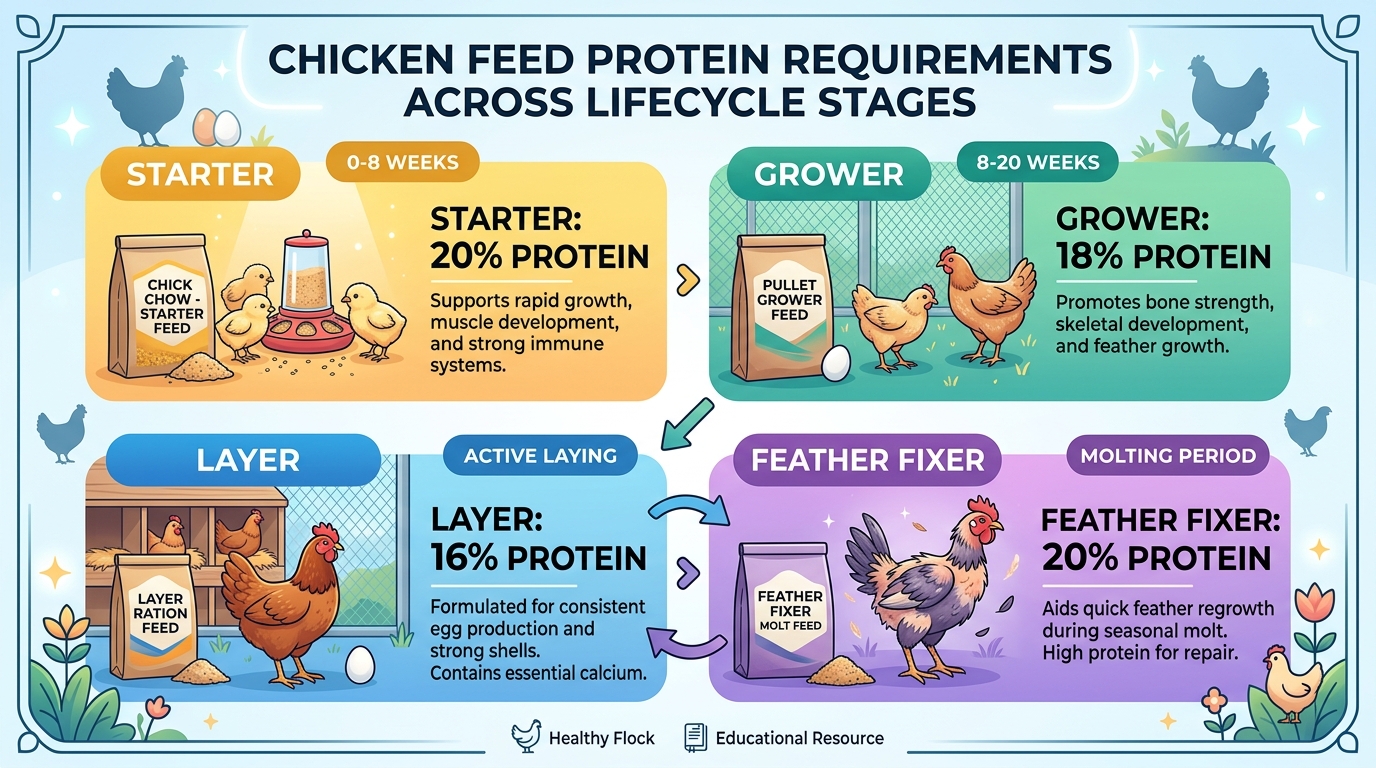 Chicken feed protein requirements across lifecycle stages