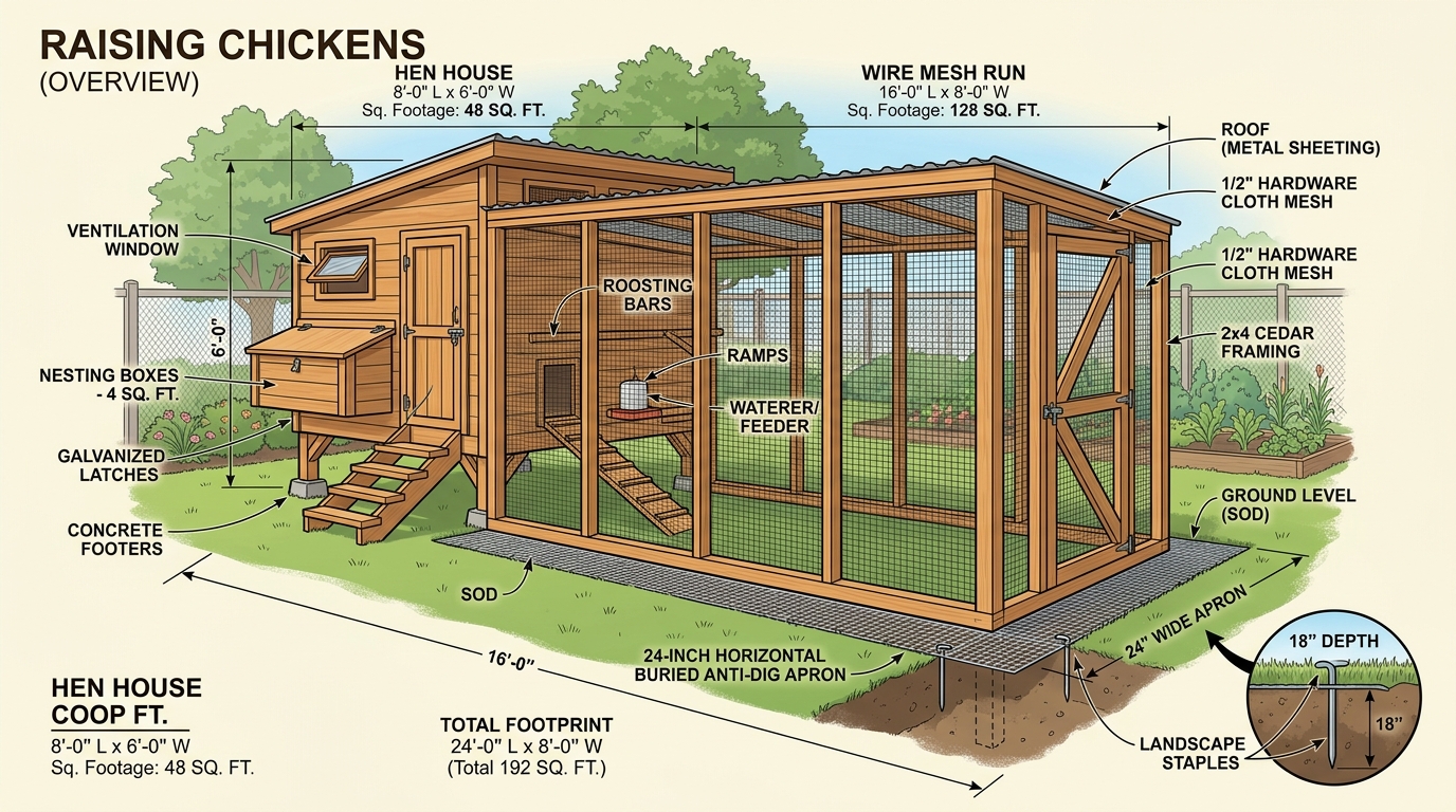 Architectural diagram of chicken coop sizing and hardware cloth dig apron installation