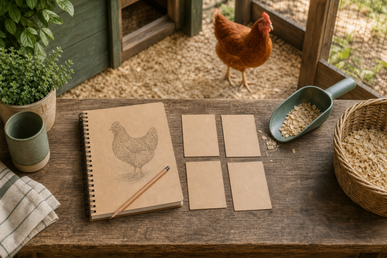 Clean coop observation station with a notebook and four comparison cards