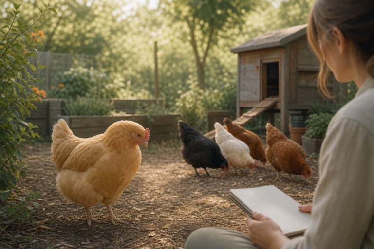 Quiet Buff Orpington hen standing apart while an owner records observations