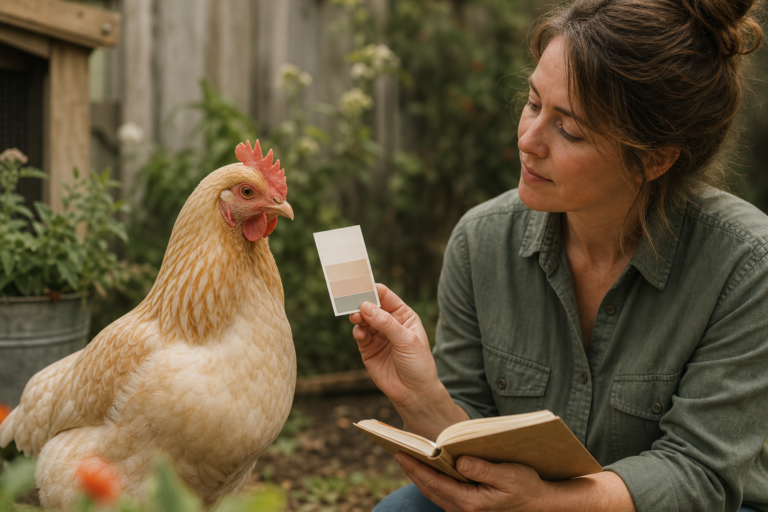 Owner comparing a hen's comb colour in even natural light