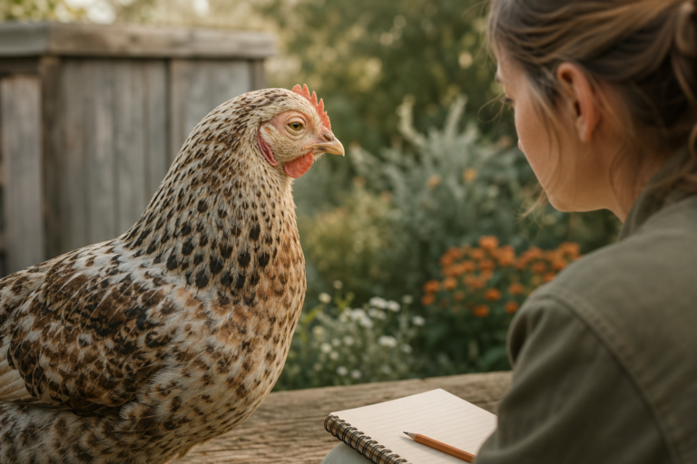 Owner observing a speckled hen's eye and face from the side