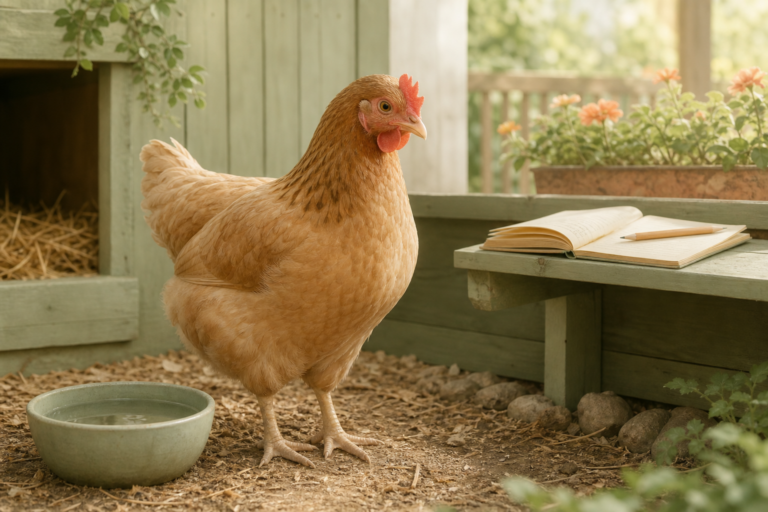 Buff Orpington hen beside water and an open chicken care checklist