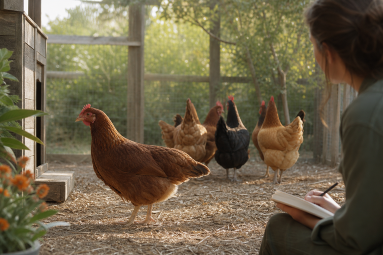 Brown hen in side profile with a lowered tail while an owner takes notes