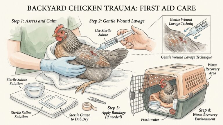 Emergency chicken first-aid triage setup with warm towel, antiseptic flush, non-stick gauze, and veterinary supplies