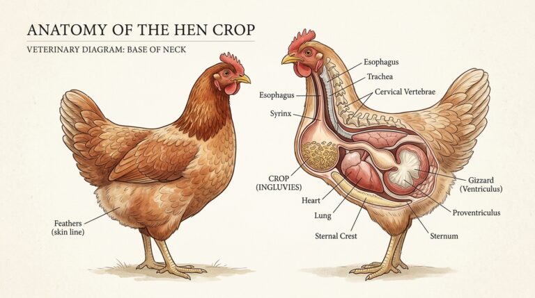 Close-up clinical illustration of a hen with crop palpation anatomical diagram for impacted crop vs sour crop identification