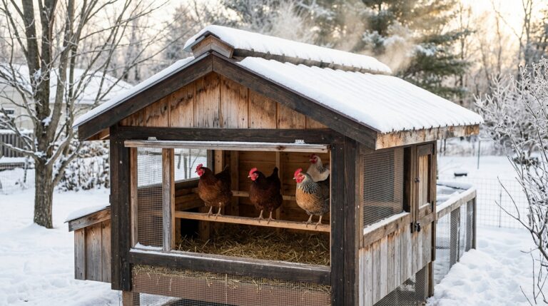 Rustic backyard chicken coop in winter with snow on roof showing ridge-vent ventilation and healthy heritage hens