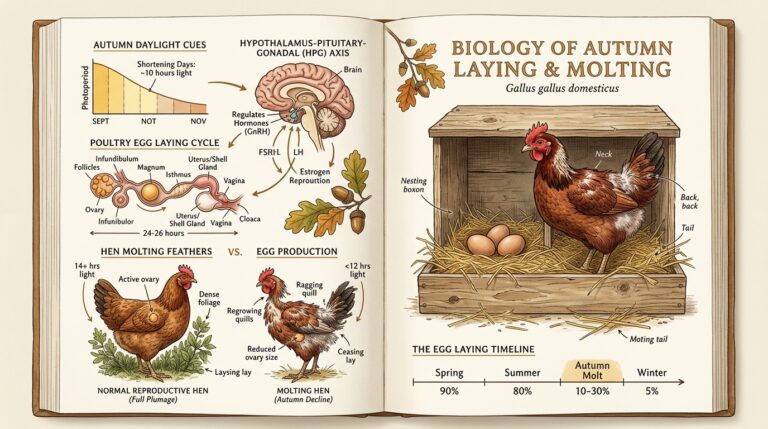 Clean wooden nesting box with straw alongside heritage hens undergoing gentle seasonal molt