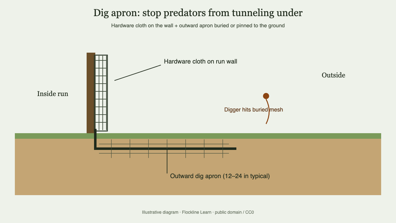 Diagram of a chicken run dig apron made from hardware cloth buried outward along the ground