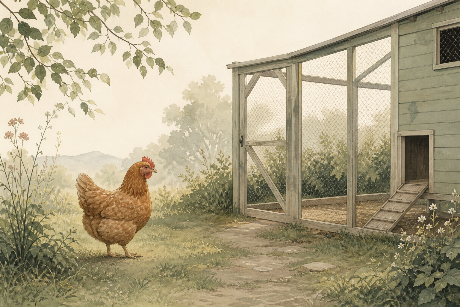 Illustration of a single hen near an empty chicken run