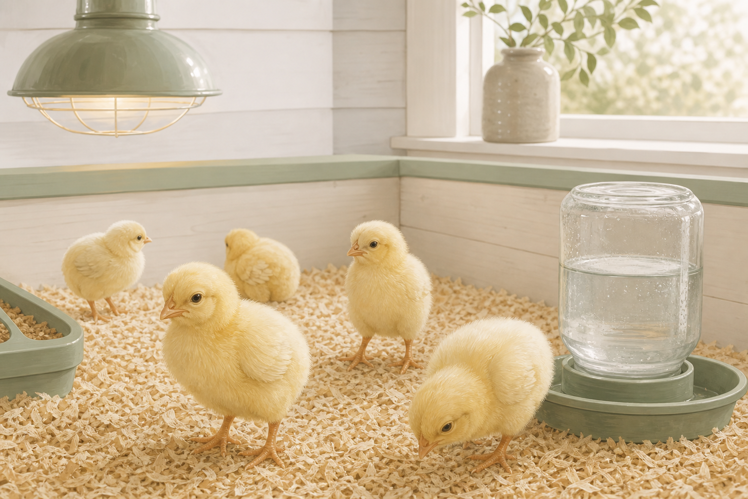 Illustration of chicks in a clean brooder for pasty butt prevention