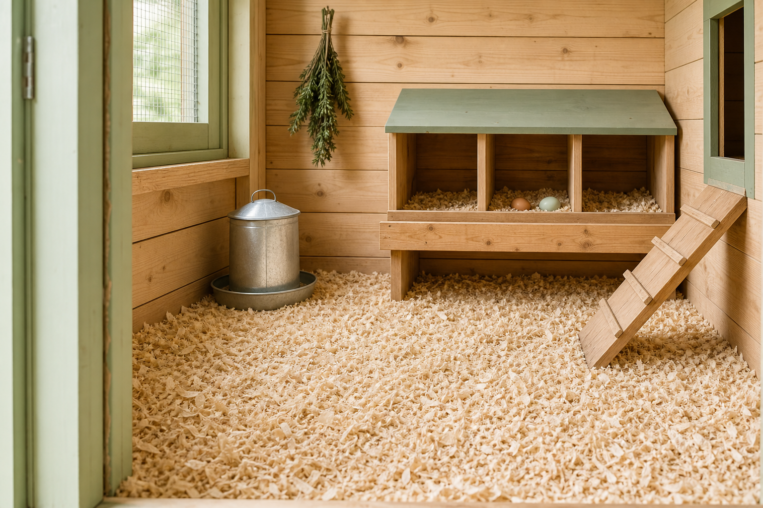 Illustration of dry chicken coop bedding depth
