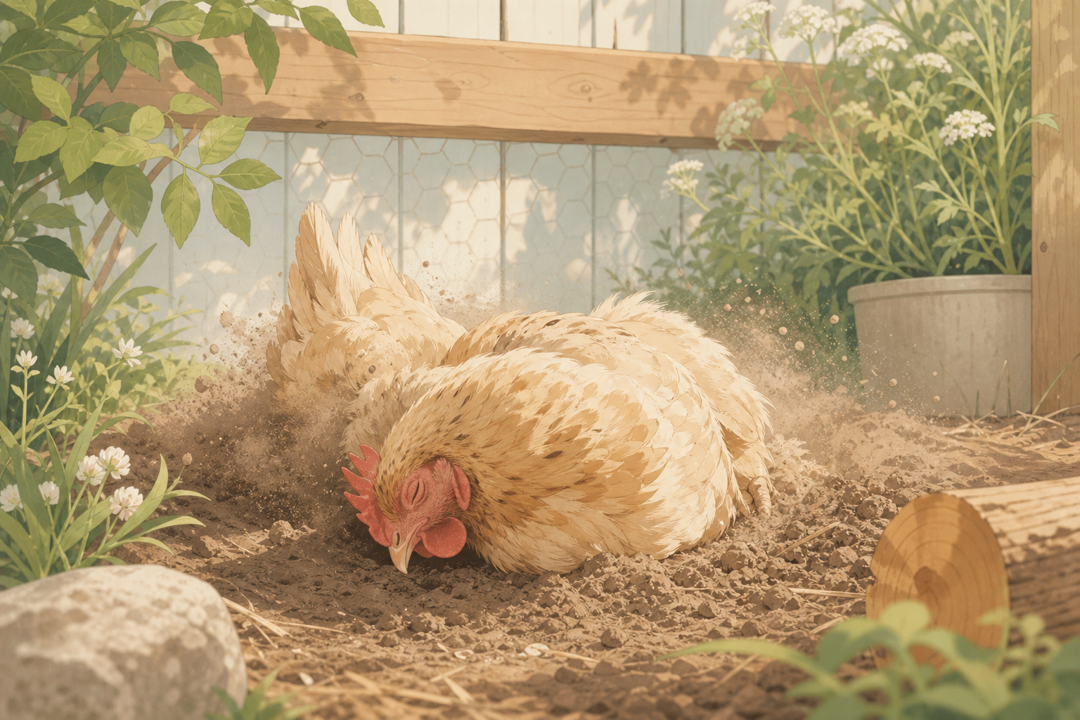 Illustration of a chicken dust bath inside a secure run
