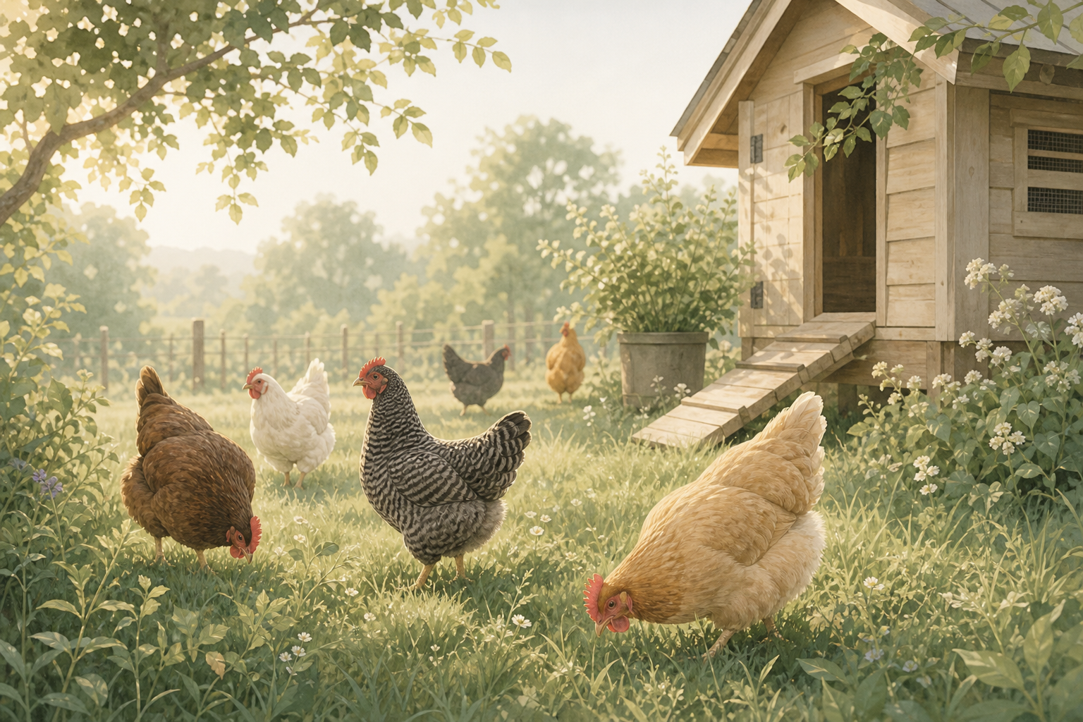 Illustration of free-range benefits versus risks for backyard chickens