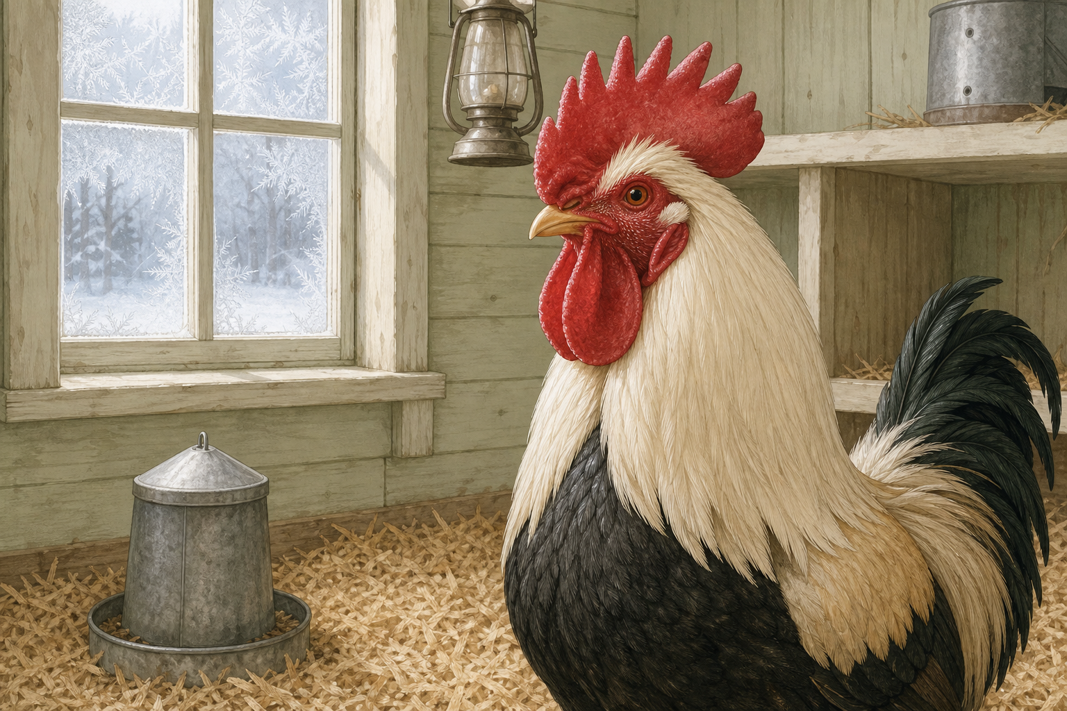 Illustration of a rooster in a dry winter chicken coop