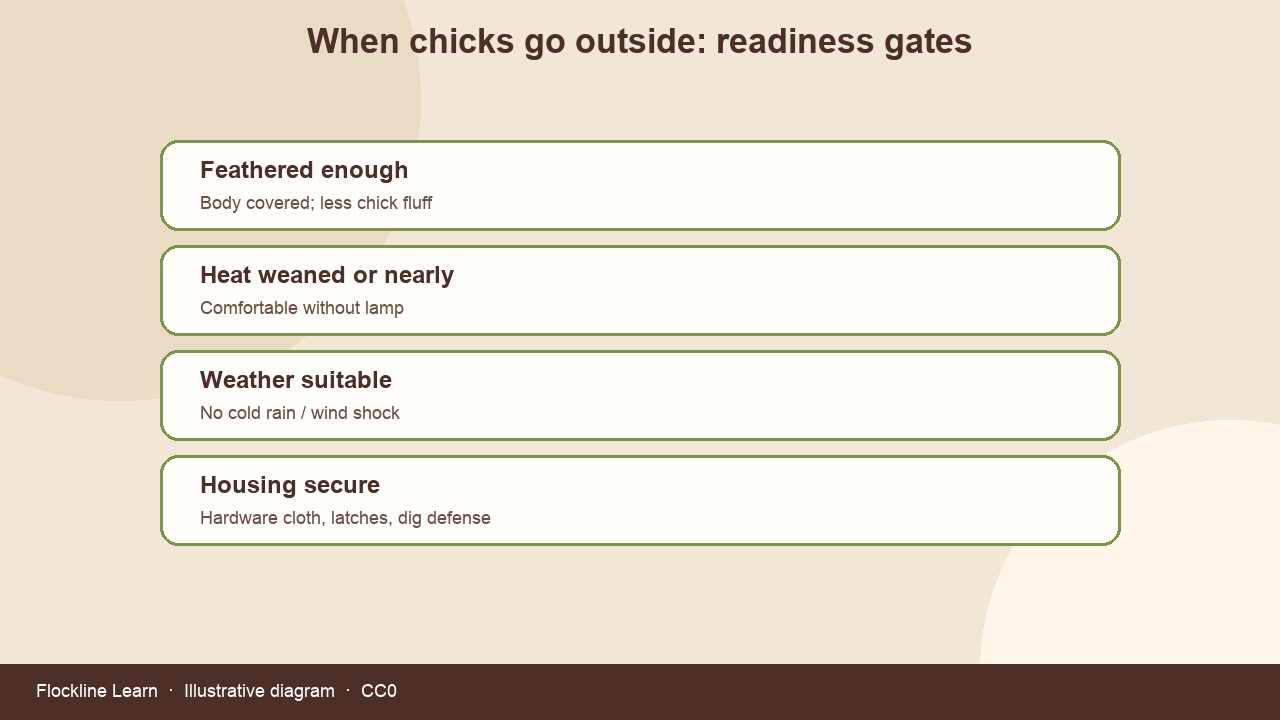 Readiness gates for moving chicks outdoors: feathers, heat, weather, secure housing