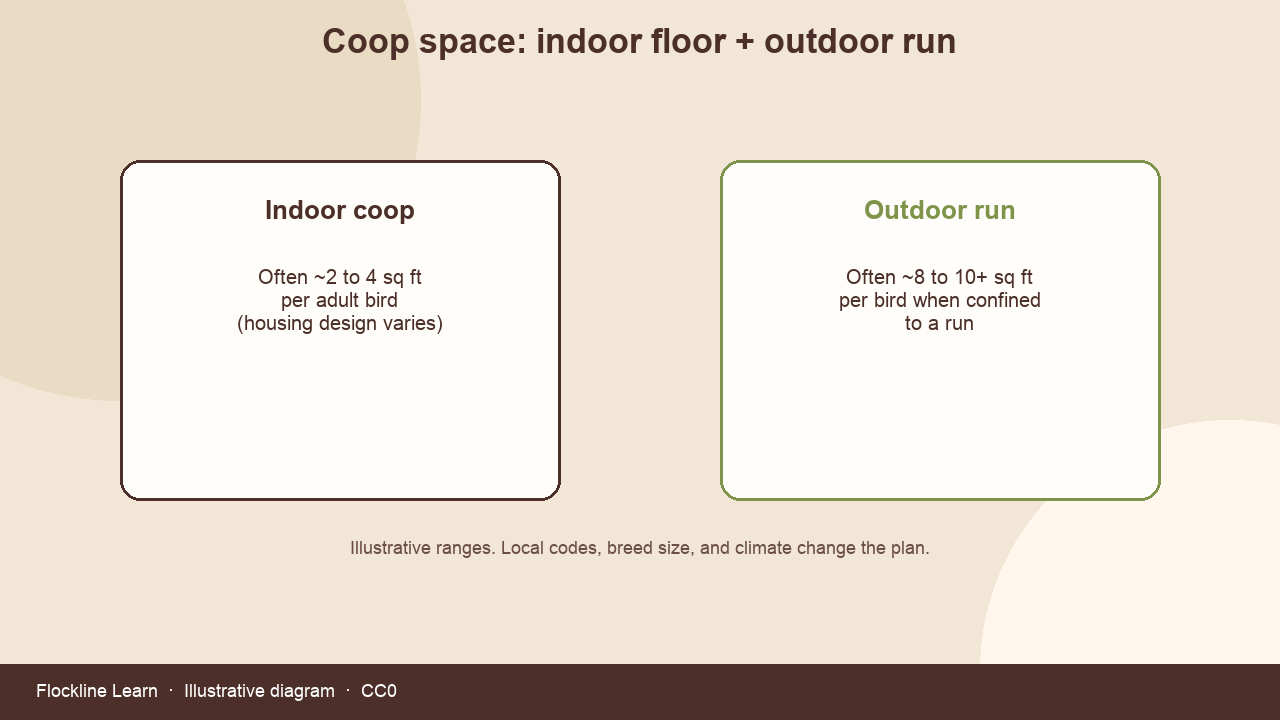Illustrative comparison of indoor coop space and outdoor run space per bird