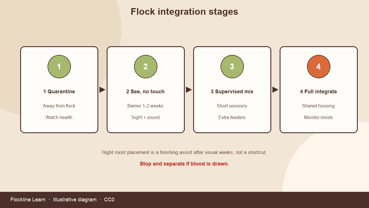 Four-stage flock integration diagram from quarantine to full integrate