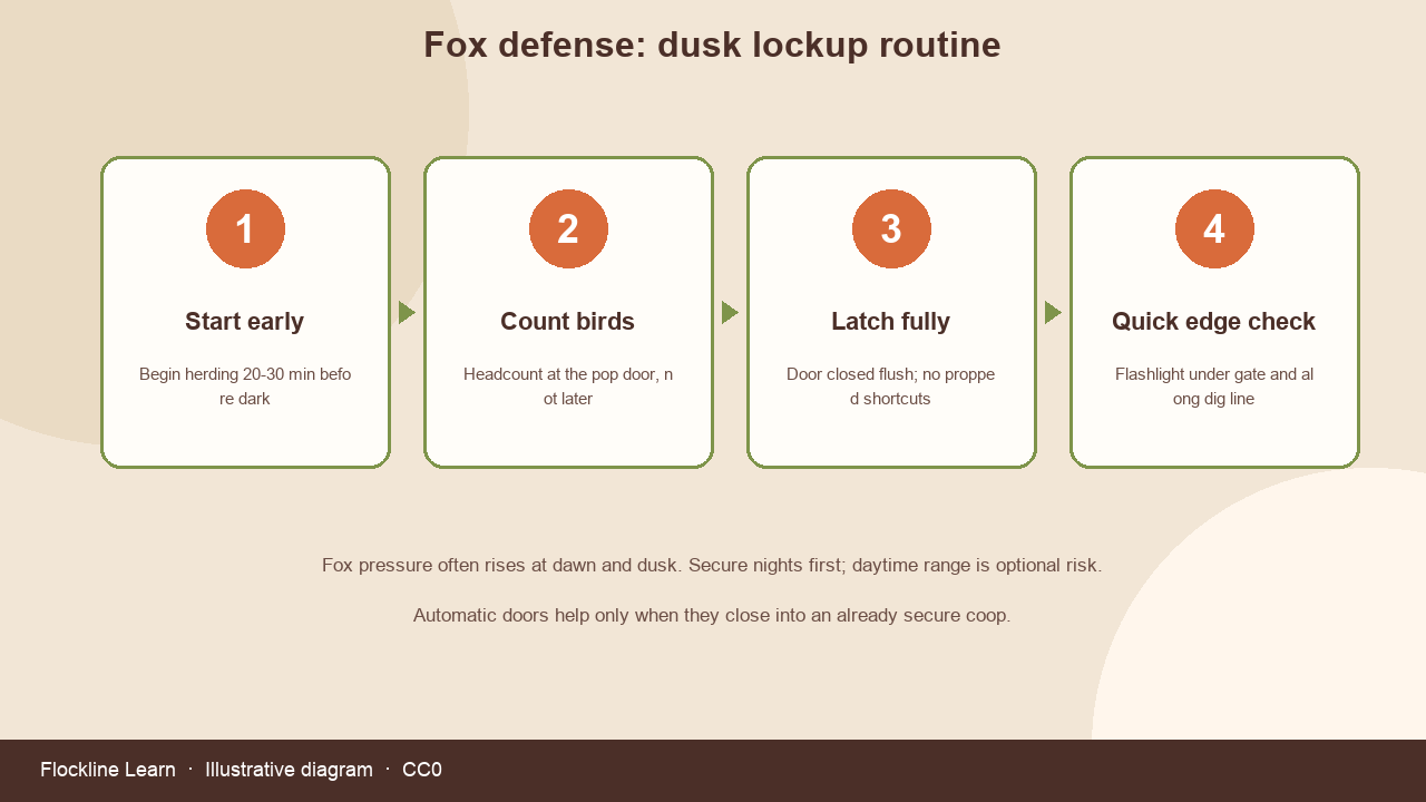 Four-step dusk lockup routine for fox defense: start early, count birds, latch fully, edge check