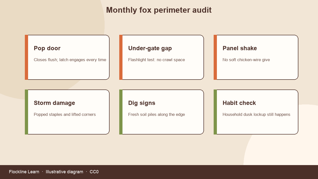Monthly fox perimeter audit checklist across pop door, gate gap, panels, storm damage, dig signs, and habits