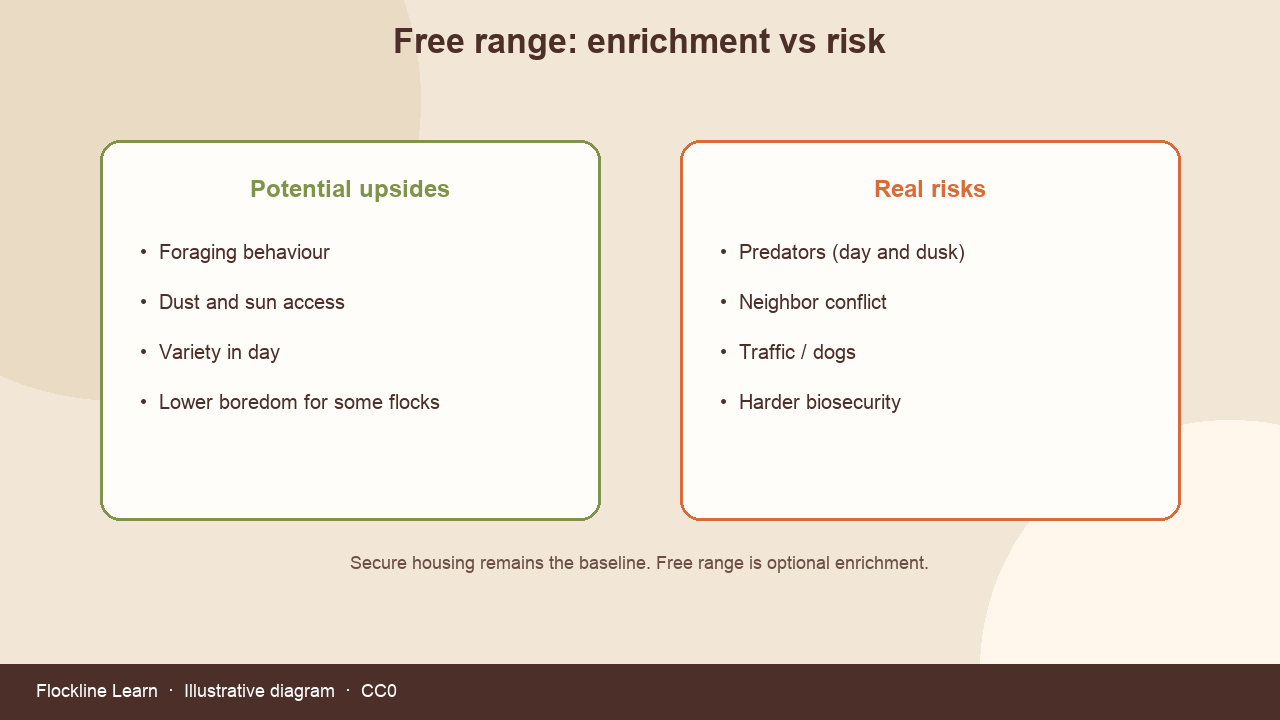 Free range benefits versus predator and biosecurity risks
