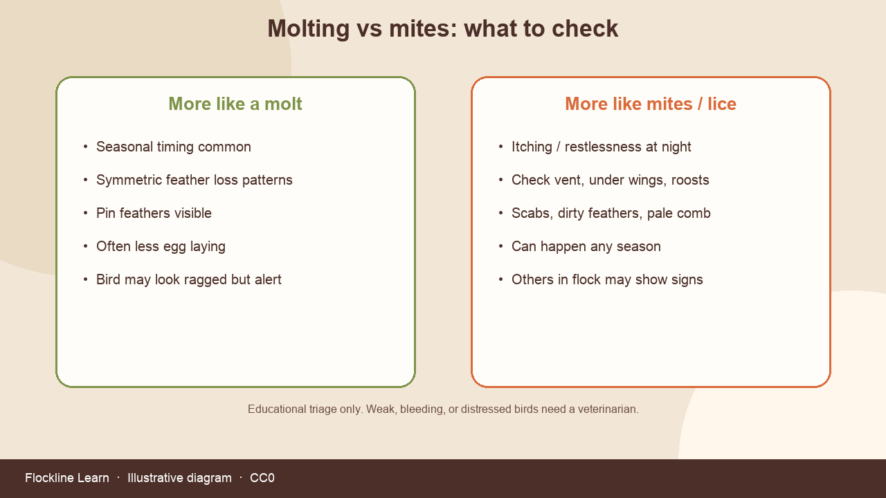 Side-by-side checklist comparing chicken molting signs versus mite or lice signs